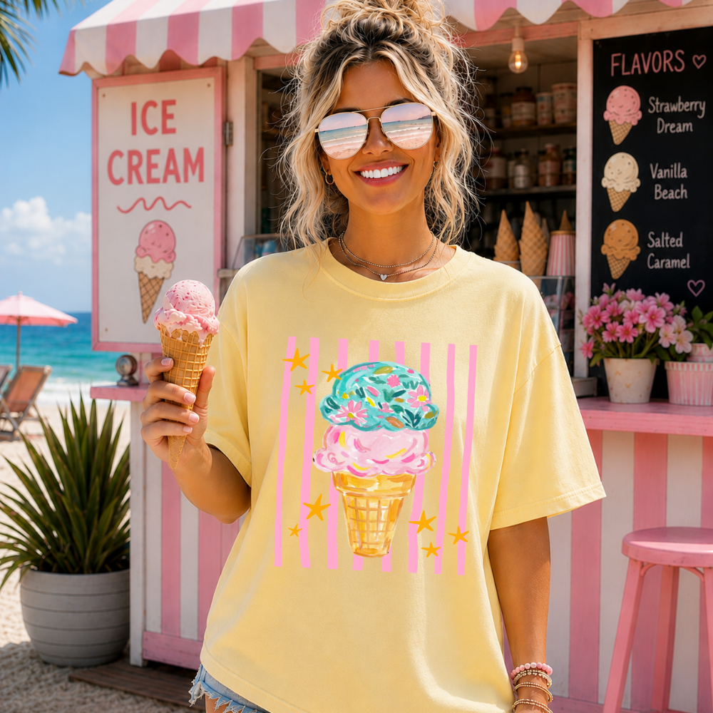 Watercolor Ice Cream Cone Yellow Tee/Tank